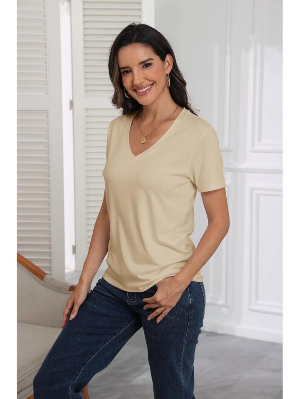 Classic Fit Short Sleeve V Neck Casual Tee - Women's Summer Top, Everyday - Picture 3 of 8
